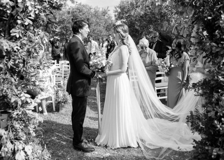 Vows beneath olive trees in Paxos, in black and white, Belli Momenti
