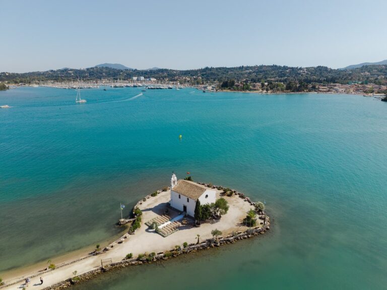 Aerial view of a chapel on a small island off the coast of Corfu, Belli Momenti