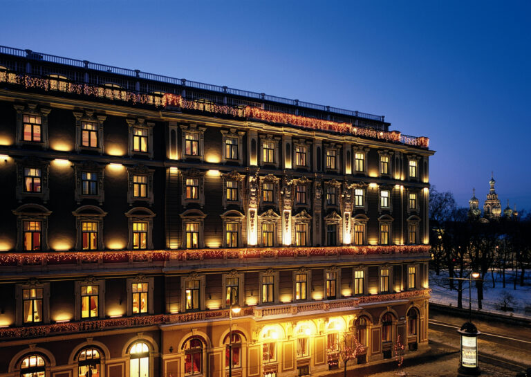 The hotel lit at dusk, Belmond Grand Hotel Europe