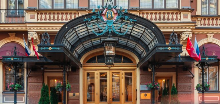 The main entrance with its glass and ironwork canopy, Belmond Grand Hotel Europe