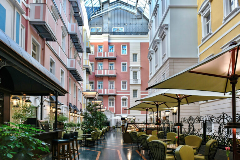 The courtyard terrace between the hotel wings, Belmond Grand Hotel Europe