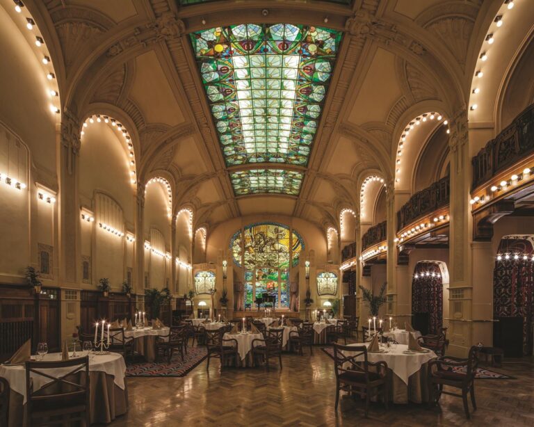 L'Europe restaurant with its Art Nouveau stained-glass ceiling, Belmond Grand Hotel Europe