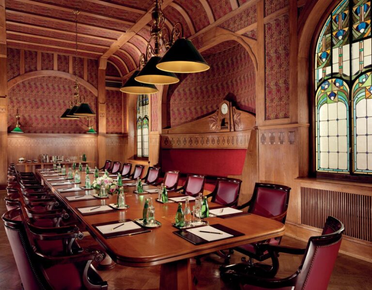 The wood-panelled Billiard Room set for a dinner, Belmond Grand Hotel Europe