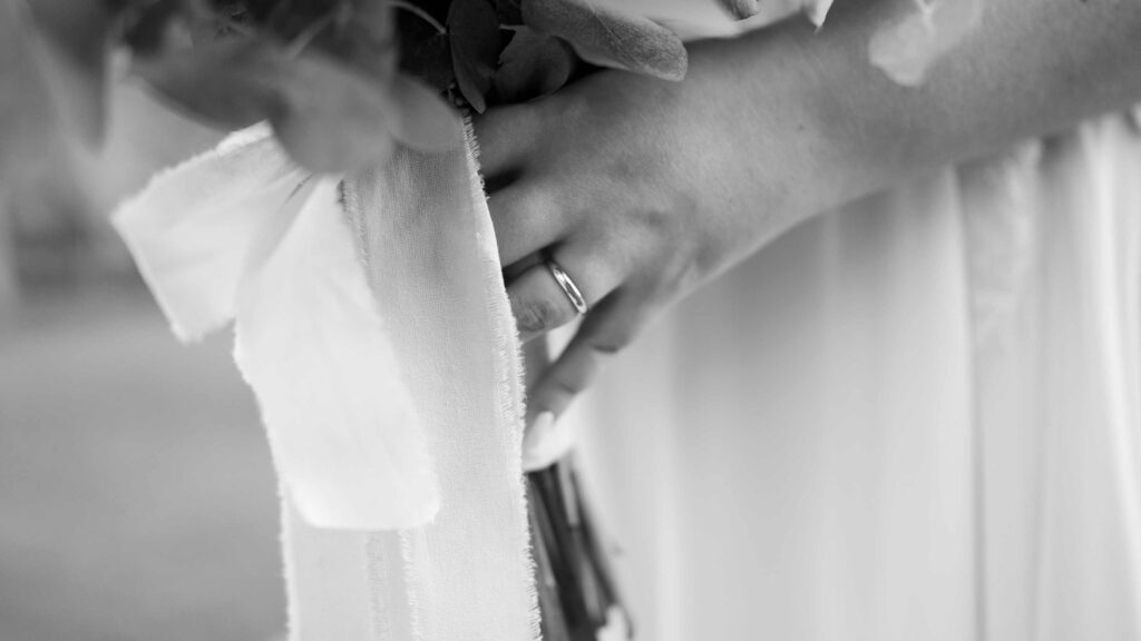 Wedding rings and bridal veil in black and white, Belmond Hotel Caruso