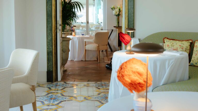 Il Pantaleone restaurant interior with tiled floor, Belmond Hotel Caruso
