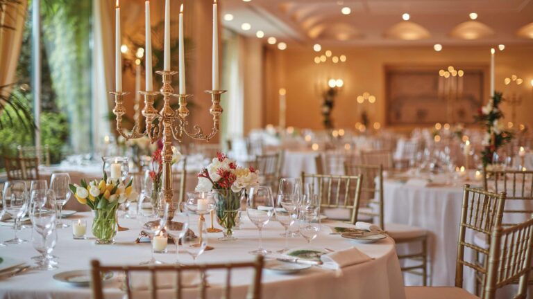Wagner and Colonne rooms set for a banquet with candelabra, Belmond Hotel Caruso