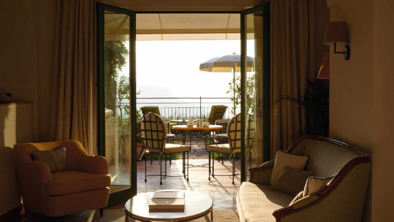 Garden suite sitting area and balcony, Belmond Hotel Caruso