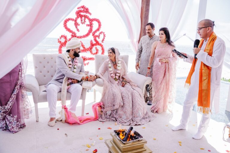 South Asian wedding ceremony with a fire ritual under a draped canopy, Better Together Mexico