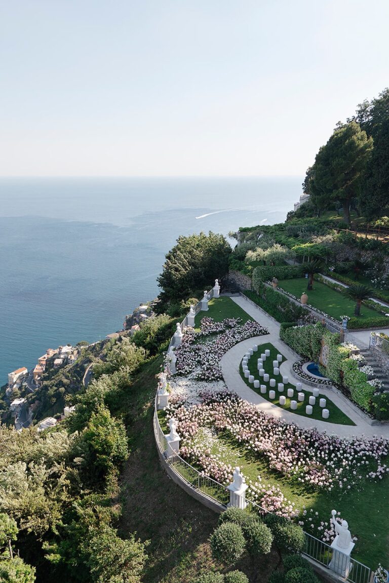 A terraced garden above the sea, the ceremony laid out far below, Bianco Bouquet Weddings and Events