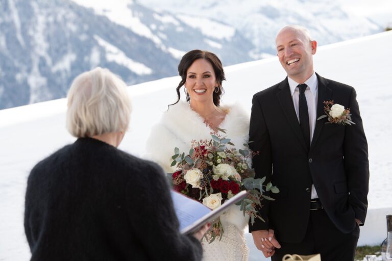 Celebrant leading a snowy winter ceremony above Lake Lucerne, Villa Honegg, Bilingual Celebrant in Europe