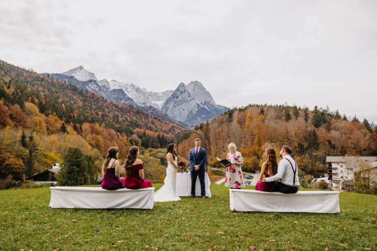 Ceremony on the meadow above Lake Riessersee in autumn, Bavaria, Bilingual Celebrant in Europe