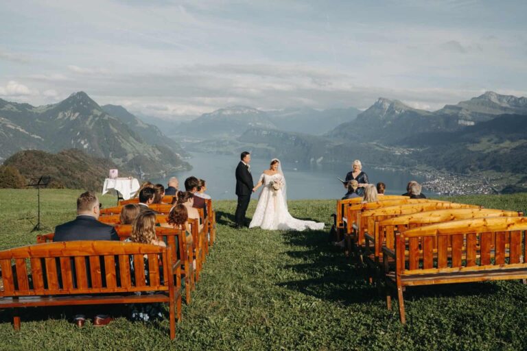 Benches set out for a small ceremony above the lake, Villa Honegg, Bilingual Celebrant in Europe