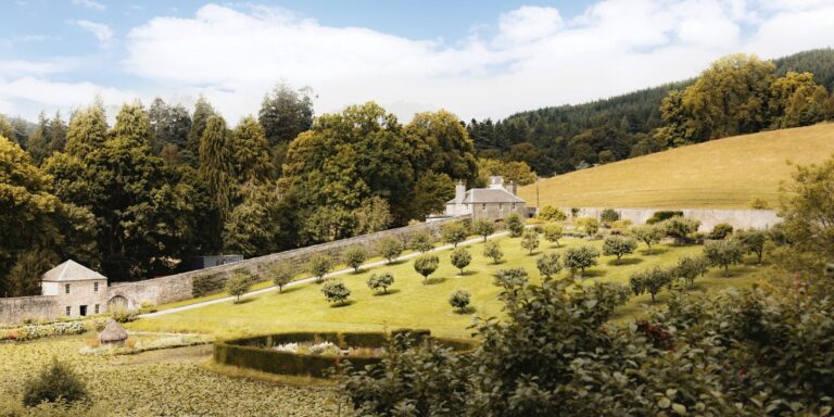 Elevated view over Hercules Garden, its orchard and garden buildings, Blair Castle