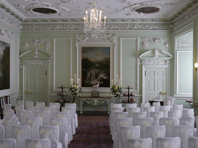 The State Dining Room set with white chairs for a small ceremony, Blair Castle