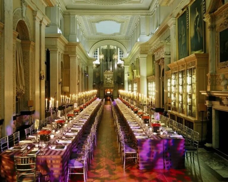 The Long Library lit for an evening reception, Blenheim Palace
