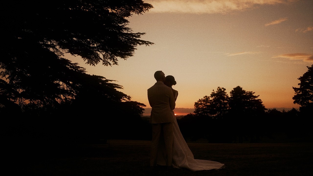 Conor and Elle silhouetted against the sunset at Château Gassies, near Bordeaux (frame from their film), Blue Ridge Films