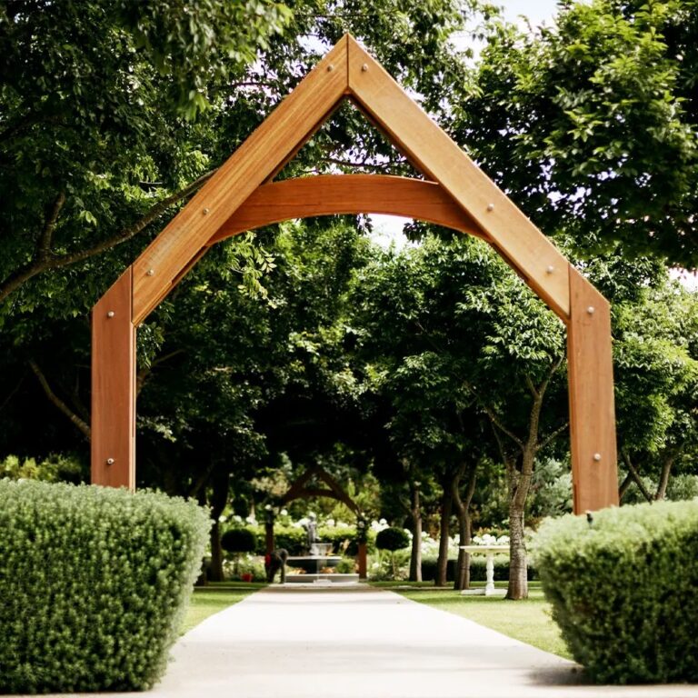 Timber arch on the garden path, Bona Dea Private Estate