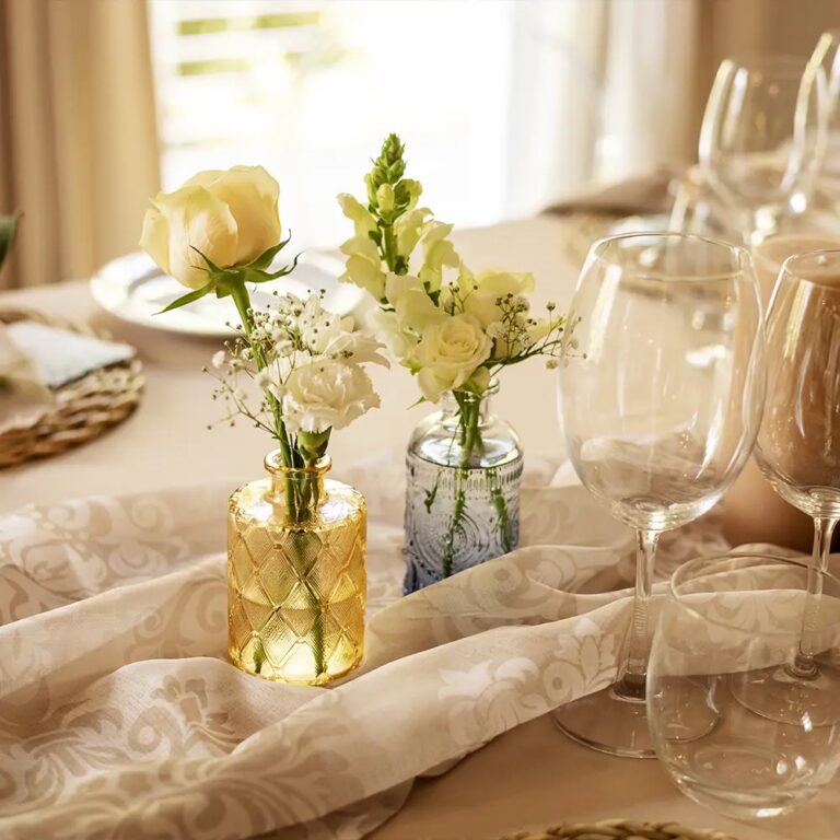 Table flowers and glassware in the Ballroom, Bona Dea Private Estate
