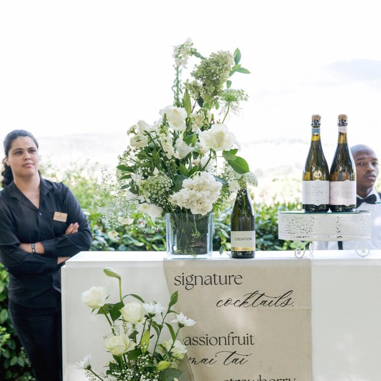 Signature cocktails bar with white flowers, Bona Dea Private Estate