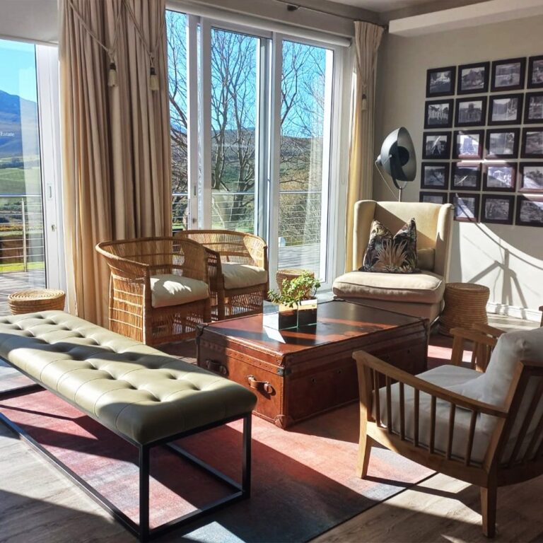 Lounge with valley-facing windows, Bona Dea Private Estate