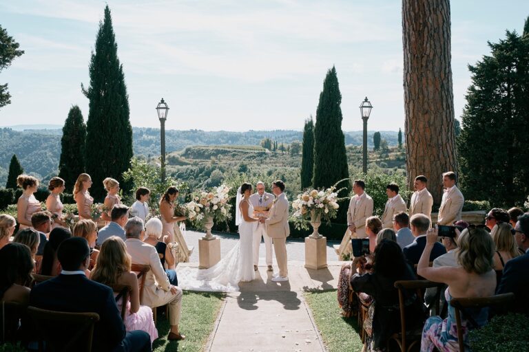 A garden ceremony in front of the guests, with the hills behind, Borgo Bucciano