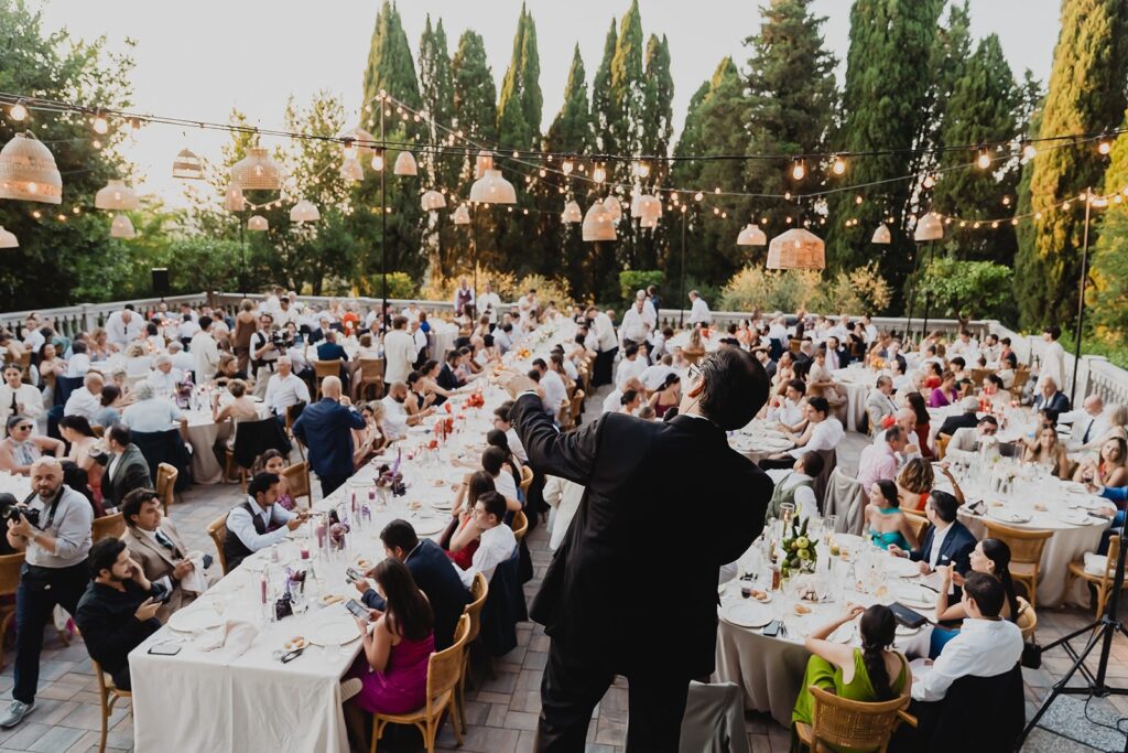 Long tables set for a wedding dinner, Borgo Bucciano
