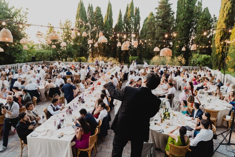 Long tables set for a wedding dinner, Borgo Bucciano