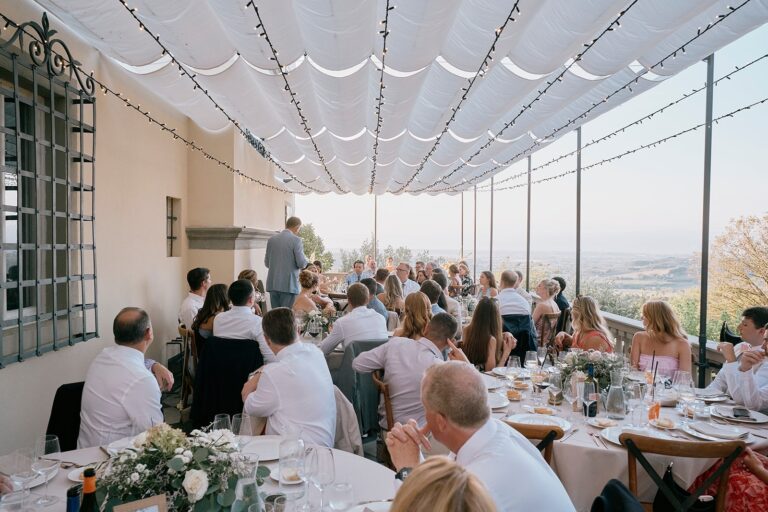 The covered terrace set for a wedding lunch, Borgo Bucciano
