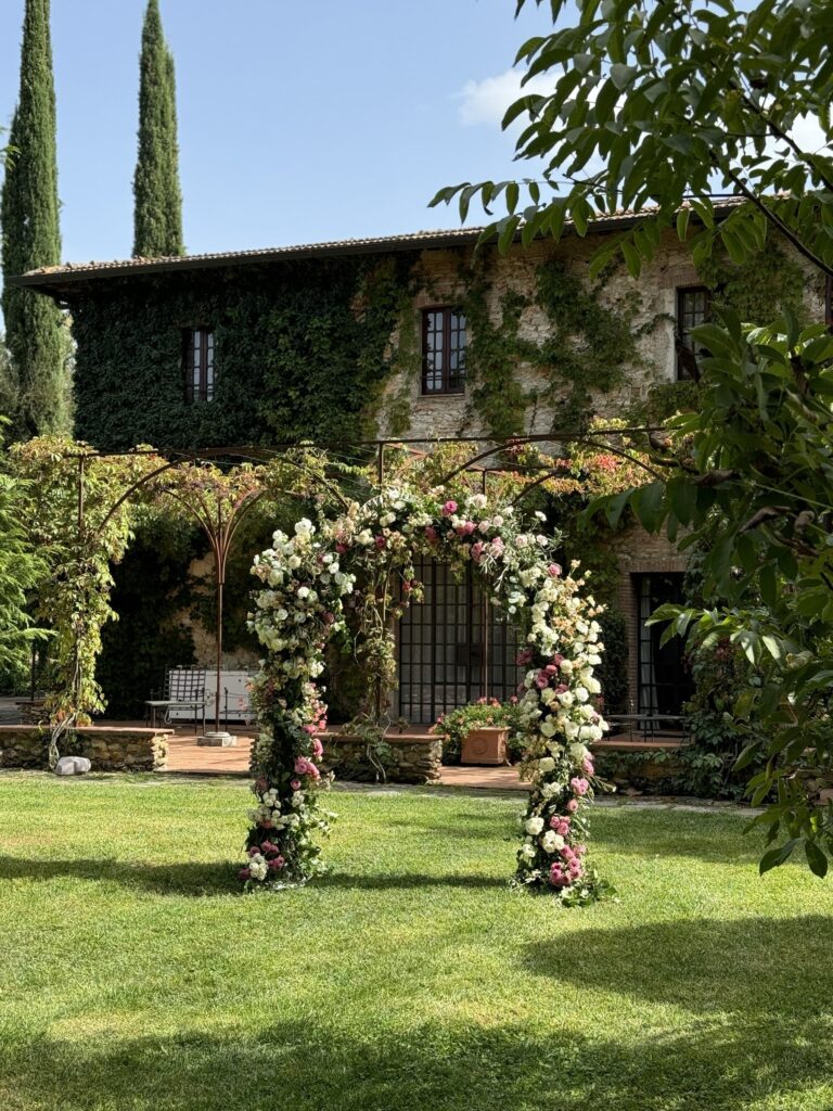 A rose and eucalyptus arch, Borgo San Luigi, Chianti, Bottega dei fiori