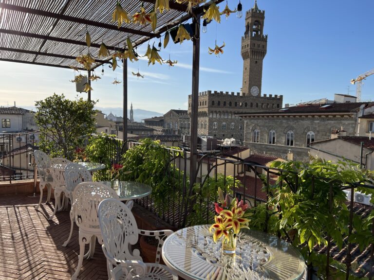 A rooftop terrace above Palazzo Vecchio, Hotel Calimala, Florence, Bottega dei fiori