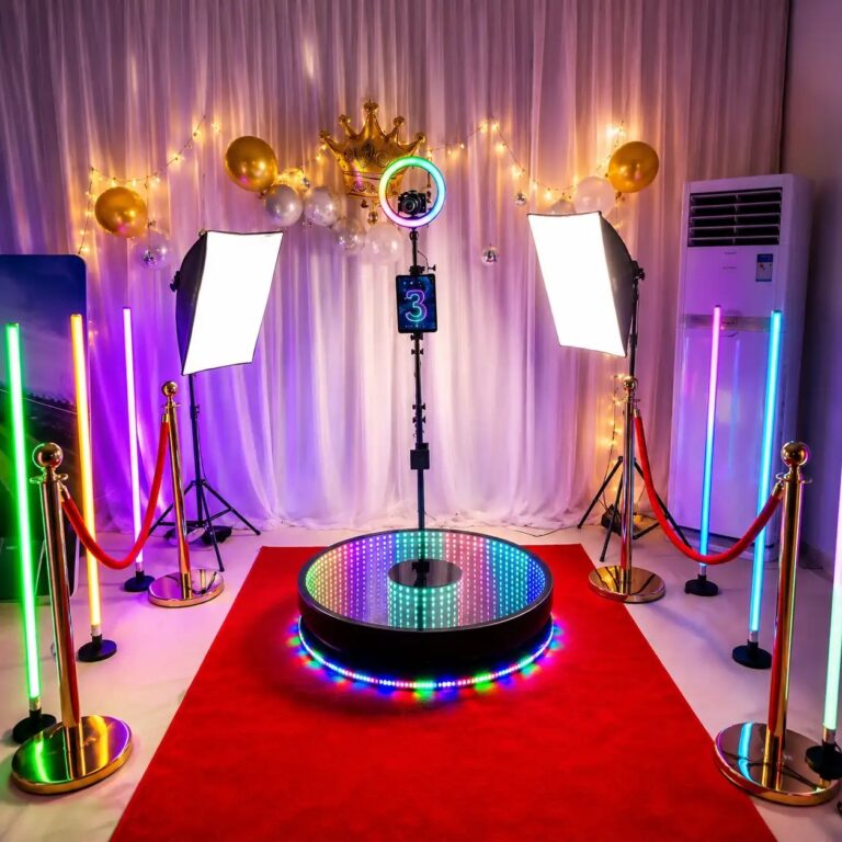 A 360 degree booth with colour-changing tubes and a red carpet entrance, Box Entertainment