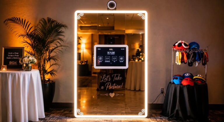 A mirror photo booth with a prop table at an evening event, Box Entertainment