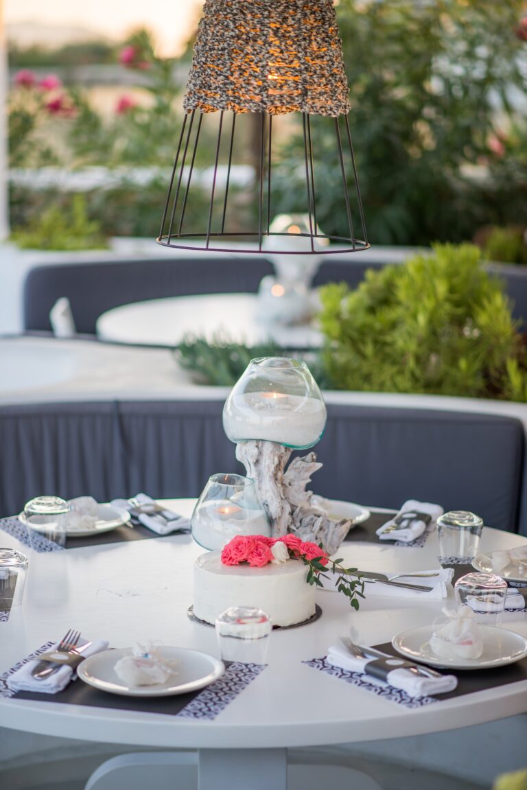 Dressed reception table beside lounge seating, Paros, Bright Blue Wedding And Events