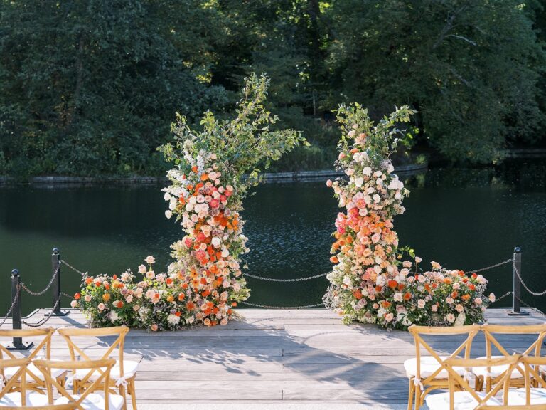 Flower columns at the lakeside ceremony, Brooklyn, Brilliant Event Planning