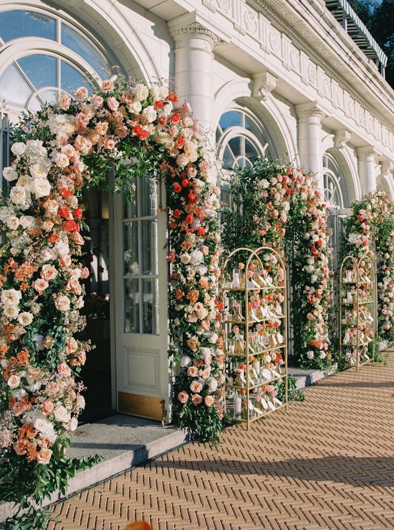 Arched doorways covered in roses and peonies, Brooklyn boathouse, Brilliant Event Planning