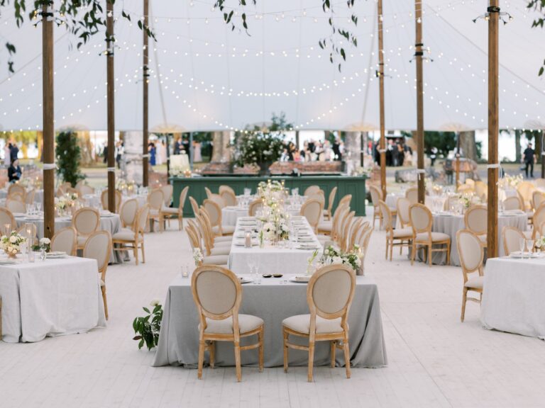 Sailcloth tent with long and round tables, Palmetto Bluff, Brilliant Event Planning