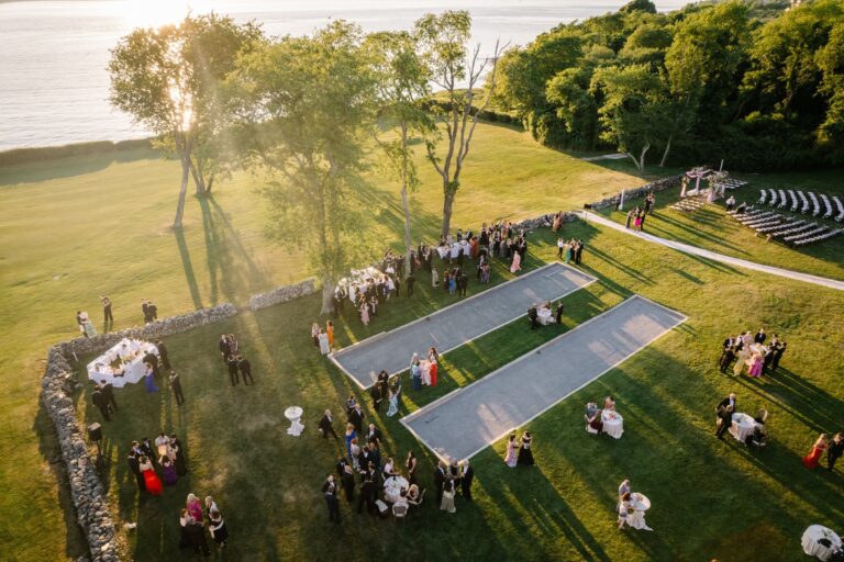Aerial view of the estate lawn during the ceremony, Newport, Brilliant Event Planning
