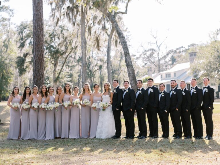 Wedding party lined up beneath the oaks, Palmetto Bluff, Brilliant Event Planning