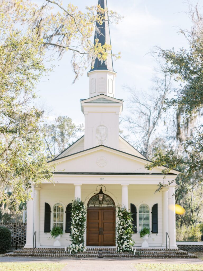 Chapel exterior with floral garlands, Palmetto Bluff, Brilliant Event Planning