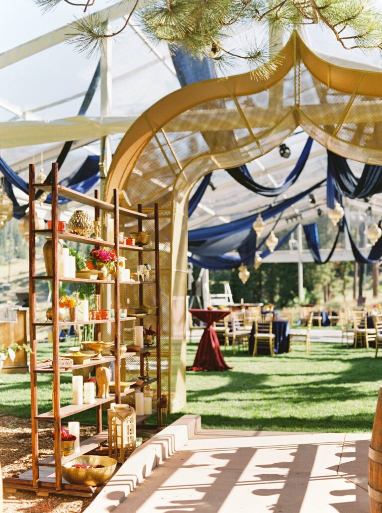 Tented reception with gold canopy and shelving, Lake Tahoe, Brilliant Event Planning