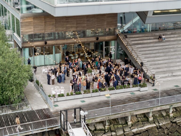 Cocktail hour on the harbourfront terrace seen from above, Boston, Brilliant Event Planning