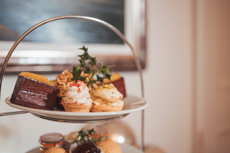 An afternoon tea stand, cakes and tarts, Broadoaks Country House