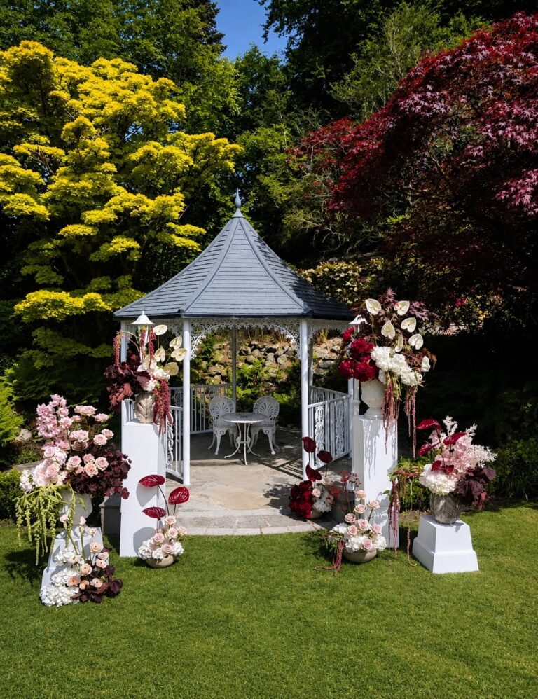 The gazebo dressed with burgundy and blush florals against the garden borders, Broadoaks Country House