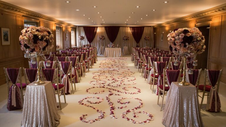 The oak-panelled Boardroom set for a ceremony, with rows of dressed chairs either side of a petal-strewn aisle, Brocket Hall