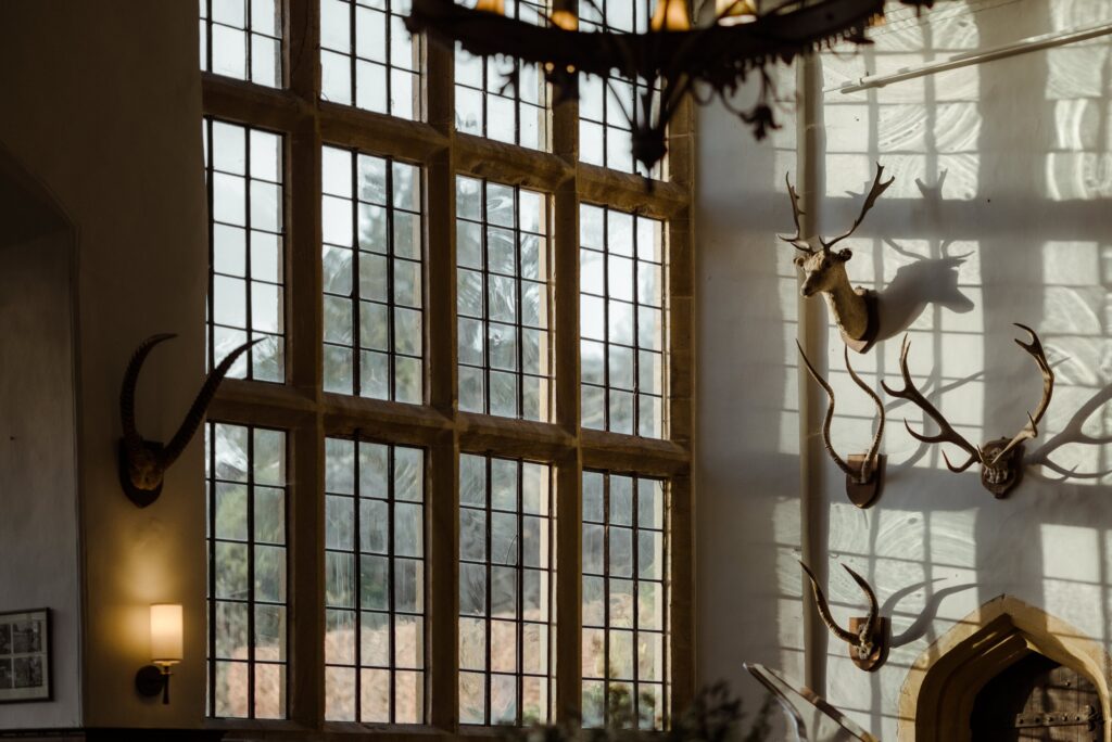 The tall mullioned windows of the Great Hall, with antlers mounted on the white walls, Brympton House
