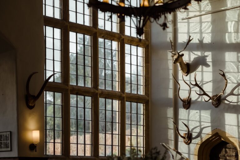 The tall mullioned windows of the Great Hall, with antlers mounted on the white walls, Brympton House