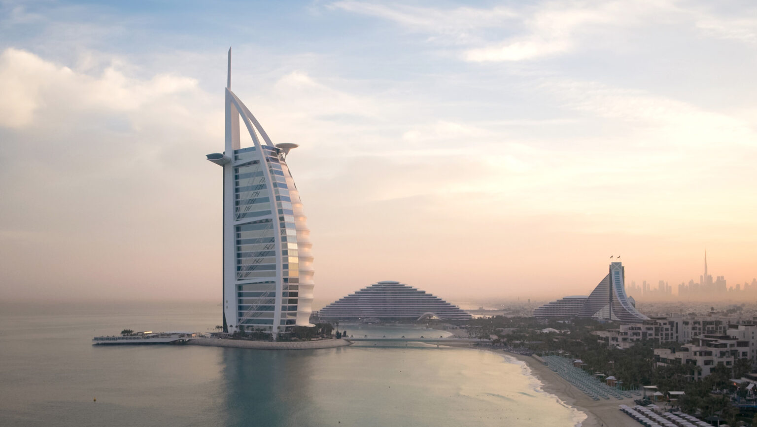 Jumeirah Burj Al Arab on its island off Jumeirah Beach at dusk, Burj Al Arab Jumeirah