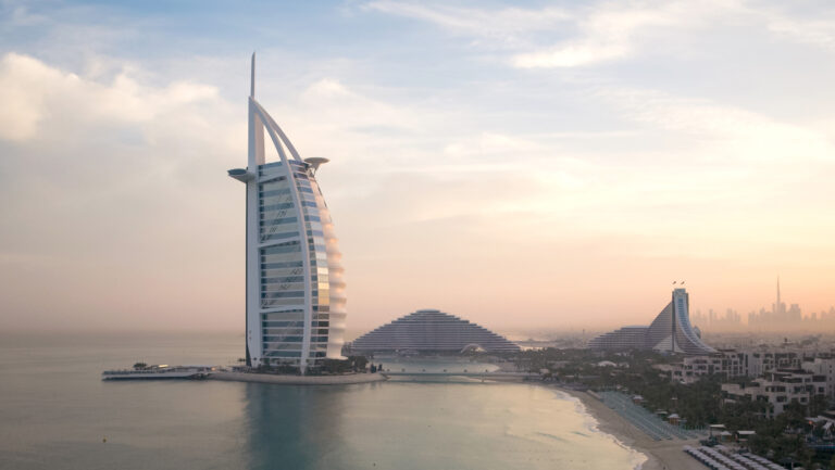 Jumeirah Burj Al Arab on its island off Jumeirah Beach at dusk, Burj Al Arab Jumeirah