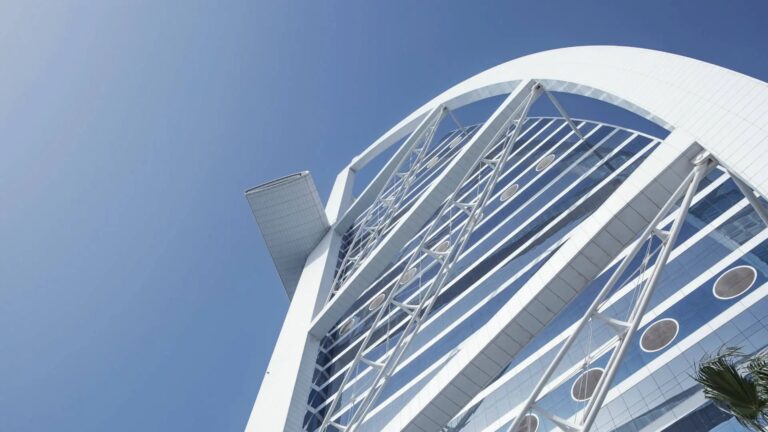 The steel and glass sail of the hotel seen from below, Burj Al Arab Jumeirah