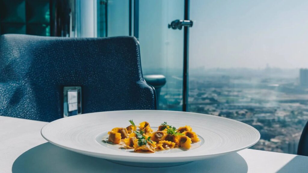 Pasta dish at Al Muntaha with a view over the city, Burj Al Arab Jumeirah